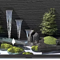 Dark Landscape Feature Wall with Cascading Water Green Plants Stones and Mossy Garden Areas