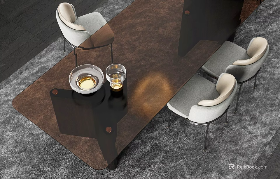 Modern Brown Dining Table Set with Gray White Chairs and Glassware 3d model 