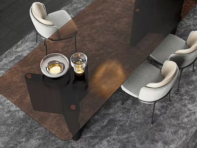 Modern Brown Dining Table Set with Gray White Chairs and Glassware 3d model
