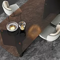 Modern Brown Dining Table Set with Gray White Chairs and Glassware 3d model