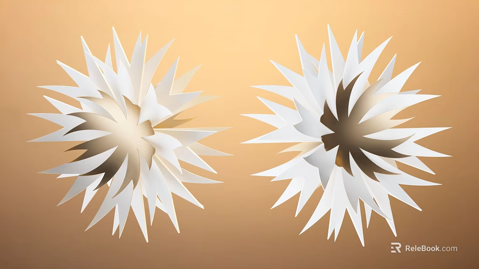 Dual White Radiant Art Installations With Spiky Petals On Warm Background 3d model 