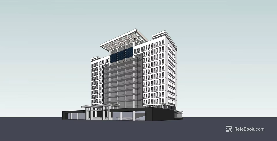 Modern High Rise Office Building Exterior With Glass Windows And Roof Canopy Design 3d model 