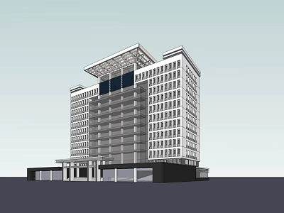 Modern High Rise Office Building Exterior With Glass Windows And Roof Canopy Design 3d model