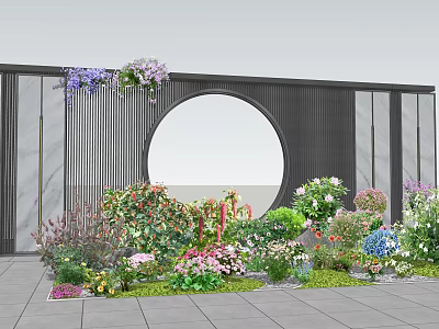 Lush Flower Garden With Vibrant Blooms And Circular Wall In Modern Outdoor Space 3d model