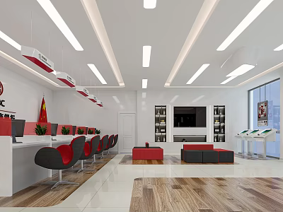 Modern Service Hall Interior With White Counters Red Chairs Wooden Flooring And TV Screen 3d model