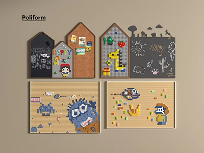 Creative Wall Panels Featuring Various Designs House Shaped Cartoon Patterns And Decorative Elements 3d model