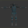 Mechanical Robot Character In Teal With Conical Hat And Outstretched Arms 3d model