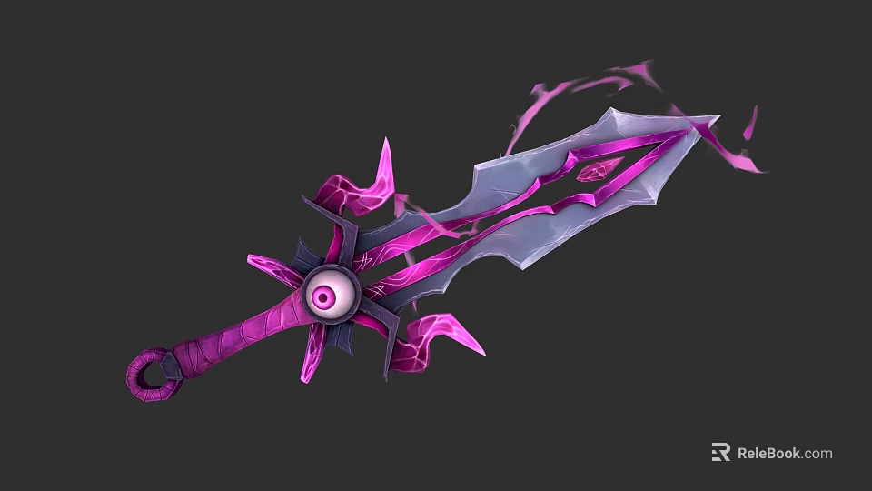 Pink and Purple Fantasy Sword with Eyeball Hilt Spiked Edges and Flowing Ribbons 3d model 