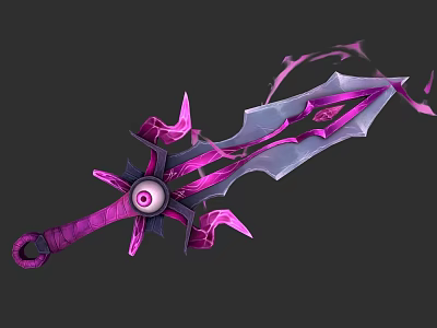 Pink and Purple Fantasy Sword with Eyeball Hilt Spiked Edges and Flowing Ribbons 3d model