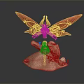 Fantasy Character Model With Red Wings Golden Details On Rock Base And Small Pink Figure