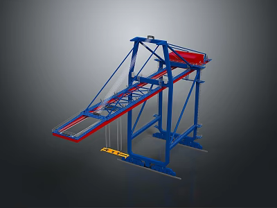 Industrial Machinery Blue Metal Frame With Red Components And Yellow Trolley 3d model