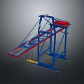 Industrial Machinery Blue Metal Frame With Red Components And Yellow Trolley