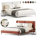 White and Orange Headboard Double Bed with Pillows Striped Blanket and Nightstand
