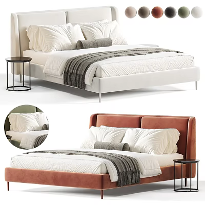 White and Orange Headboard Double Bed with Pillows Striped Blanket and Nightstand 3d model