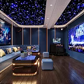 Modern KTV Room Interior With Starry Ceiling Comfortable Sofa Coffee Table And Large TV Screens