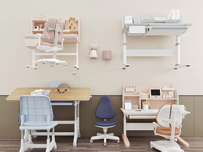 Modern Study Desk Designs With Ergonomic Chairs And Wooden Storage Shelves 3d model
