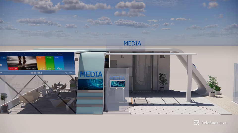 Modern Media Exhibition Space With Large Screen Glass Structure And Plants 3d model 