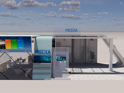 Modern Media Exhibition Space With Large Screen Glass Structure And Plants 3d model