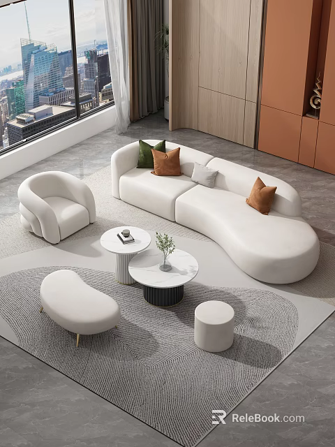 Modern White Curved Sofa and Round Coffee Table Set with Colorful Pillows in Modern Living Room 3d model 
