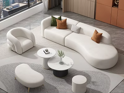 Modern White Curved Sofa and Round Coffee Table Set with Colorful Pillows in Modern Living Room 3d model