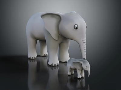 Gray Mother Elephant And Baby Elephant Toy Figures On Shiny Black Surface 3d model