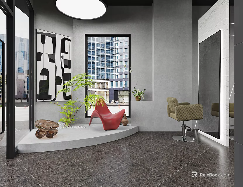 Modern Beauty Hair Salon Interior With Stylish Chairs Large Mirrors And Green Plants 3d model 