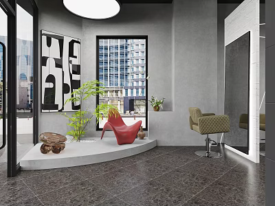 Modern Beauty Hair Salon Interior With Stylish Chairs Large Mirrors And Green Plants 3d model