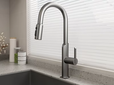 Contemporary Kitchen Sink Featuring Sleek Faucet And Window Blinds On Countertop 3d model