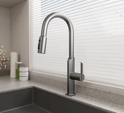 Contemporary Kitchen Sink Featuring Sleek Faucet And Window Blinds On Countertop 3d model