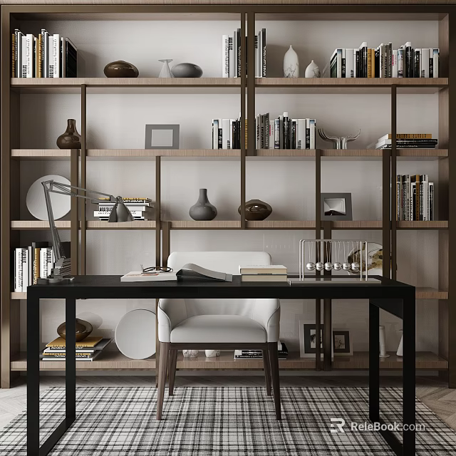 Modern Home Office Desk Setup With Wooden Bookshelf Books Lamp Decorations And Chair 3d model 