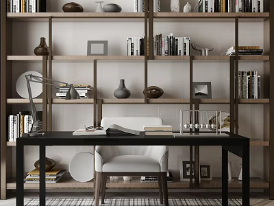 Modern Home Office Desk Setup With Wooden Bookshelf Books Lamp Decorations And Chair 3d model