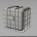 White IBC Tote With Metal Frame Red Cap And Warning Labels 3d model