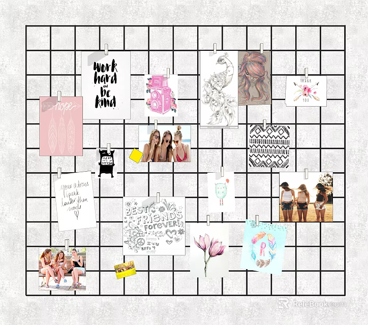 Creative Photo Wall Collage With Handwritten Notes Sketches Photos And Flower Decorations On Grid Background 3d model 