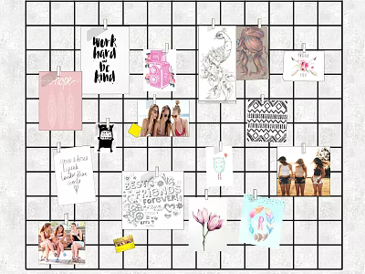 Creative Photo Wall Collage With Handwritten Notes Sketches Photos And Flower Decorations On Grid Background 3d model