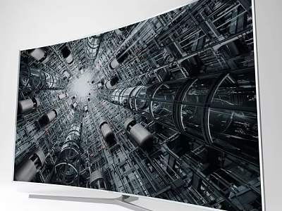 Curved Television With White Frame Displaying Futuristic Industrial Mechanical Structures And Pipes 3d model