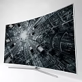 Curved Television With White Frame Displaying Futuristic Industrial Mechanical Structures And Pipes