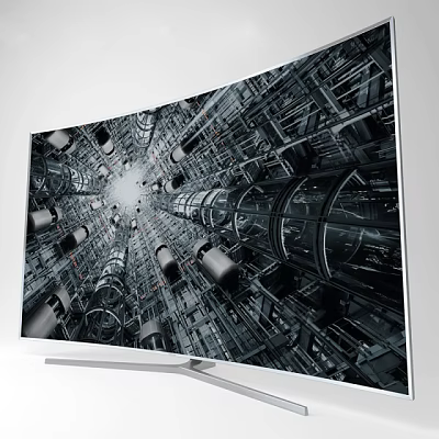 Curved Television With White Frame Displaying Futuristic Industrial Mechanical Structures And Pipes 3d model