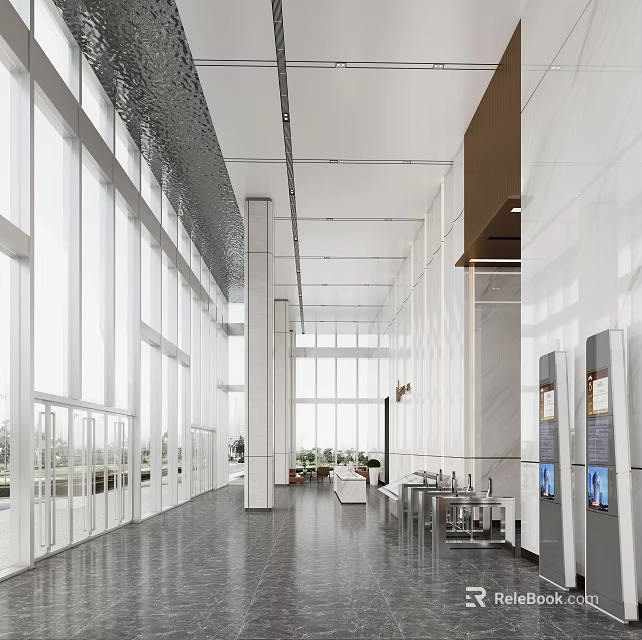 Modern Front Reception Area Interior Design With Large Glass Windows Seating And Information Displays 3d model