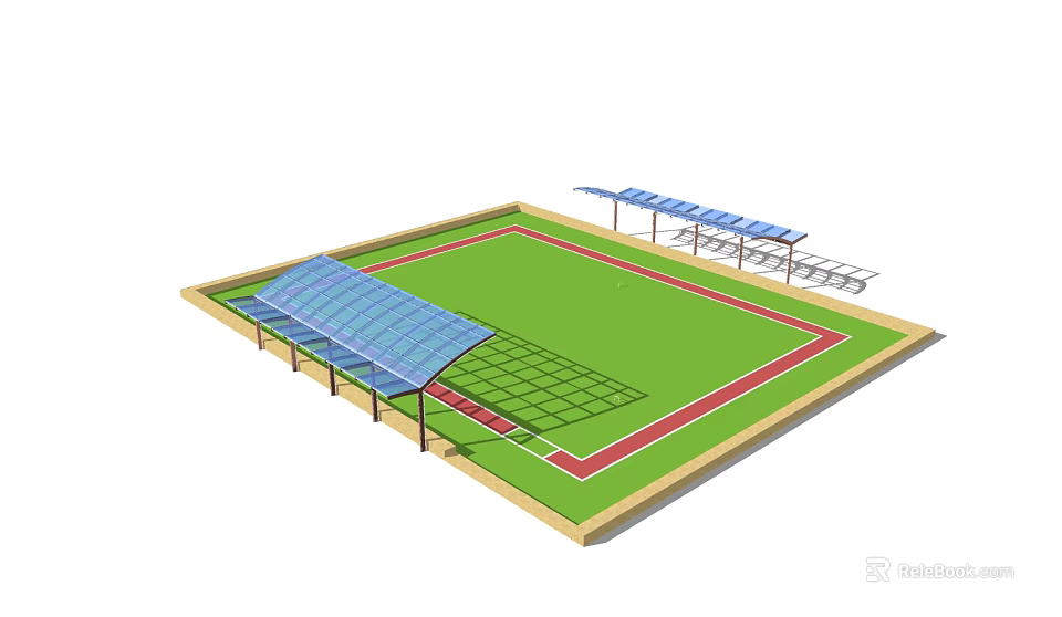 Football Field With Green Grass Red Running Track And Blue Canopies Design 3d model 