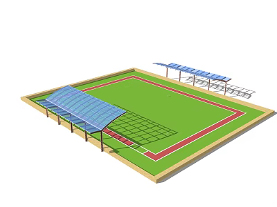 Football Field With Green Grass Red Running Track And Blue Canopies Design 3d model
