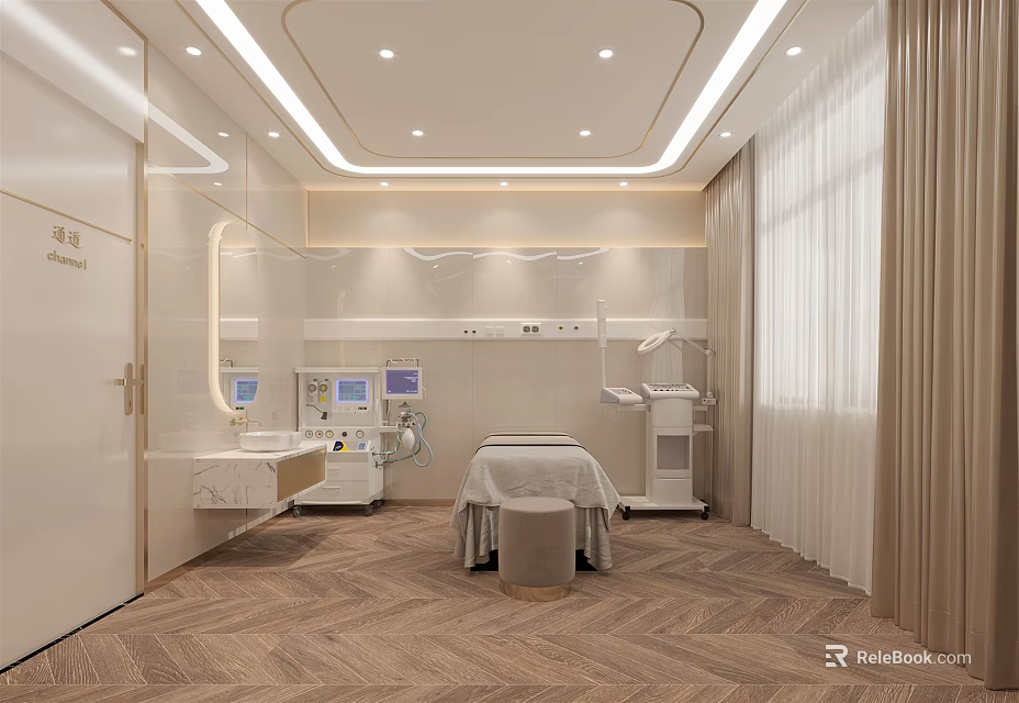 Relaxing SPA Sauna Interior With Massage Bed Equipment Soft Lighting And Modern Decor 3d model 