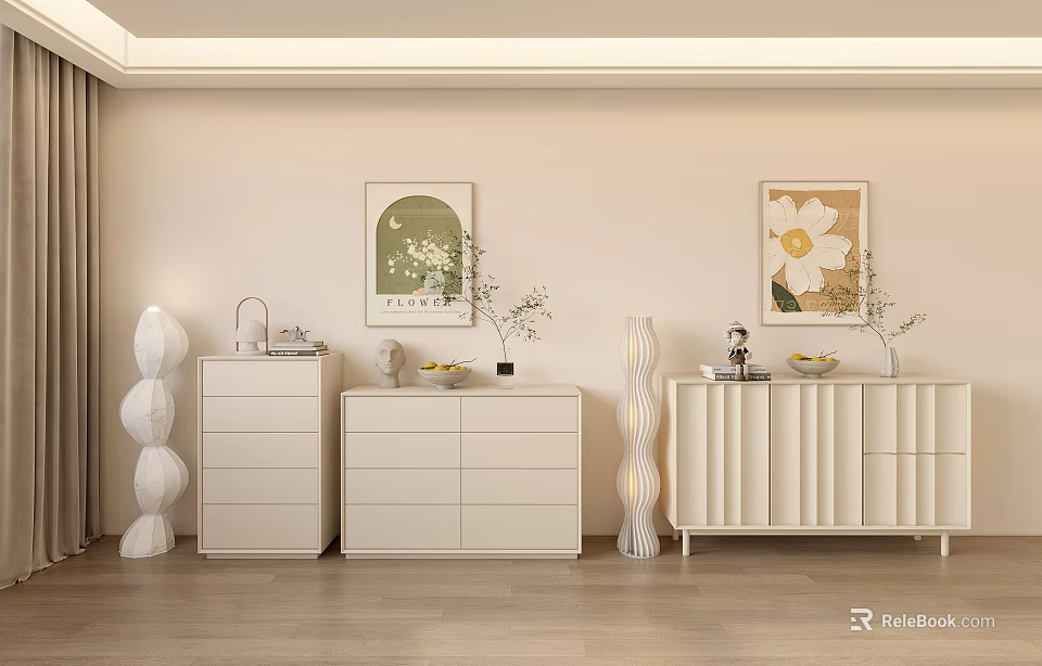 Modern Beige Console Table And Side Cabinet With Drawers Vases Artworks And Decorations 3d model 