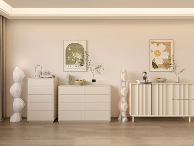 Modern Beige Console Table And Side Cabinet With Drawers Vases Artworks And Decorations 3d model