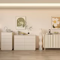 Modern Beige Console Table And Side Cabinet With Drawers Vases Artworks And Decorations