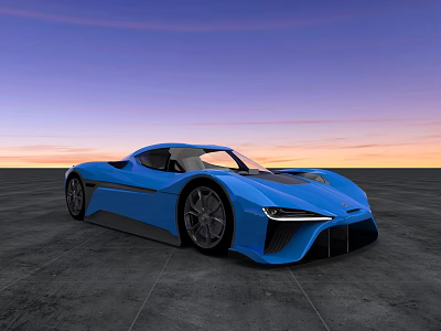 Blue Sports Car With Sleek Design On Concrete Ground Against Sunset Sky 3d model