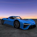Blue Sports Car With Sleek Design On Concrete Ground Against Sunset Sky