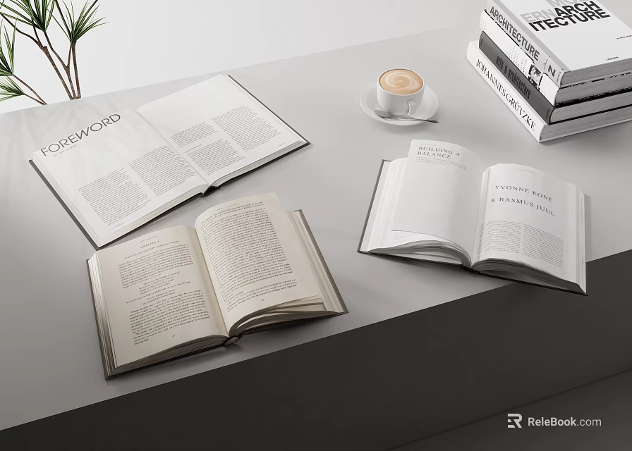 Open Books With Stacked Books Coffee Cup And Green Plant On Table 3d model 