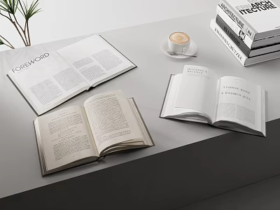 Open Books With Stacked Books Coffee Cup And Green Plant On Table 3d model