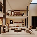 Modern Dining and Living Room Interior With Beige Sofa Wooden Coffee Table And Staircase Design