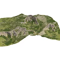 Group of People Hiking Through Mountainous Terrain With Green Slopes and Rocky Peaks